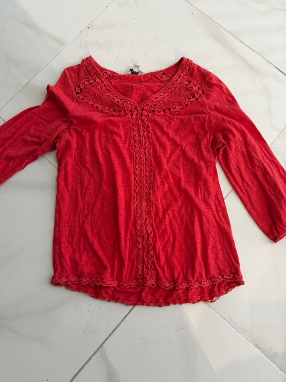 Lucky Brand Red Crochet-Detail Long Sleeve Top